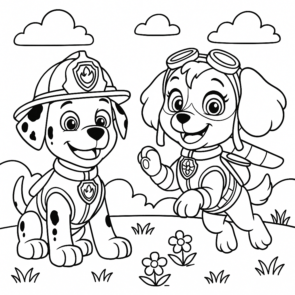 On the left is a white puppy wearing a red firefighter helmet and vest, with a badge that features a flame symbol. He has blue eyes and is smiling excitedly. On the right is a tan and brown puppy wearing a pink aviator outfit, complete with goggles on her head and a badge featuring a propeller. She has big pink eyes and is also smiling, appearing to be in mid-jump. - Free Coloring Page