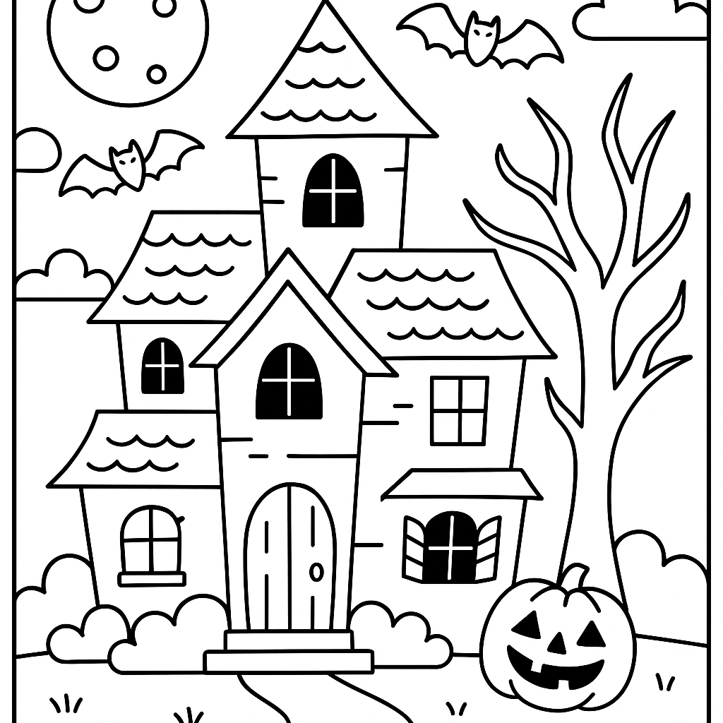 Halloween Haunted House - Free Coloring Page
