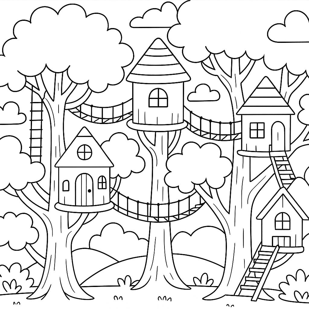 Whimsical treehouse village in a forest canopy - Free Coloring Page