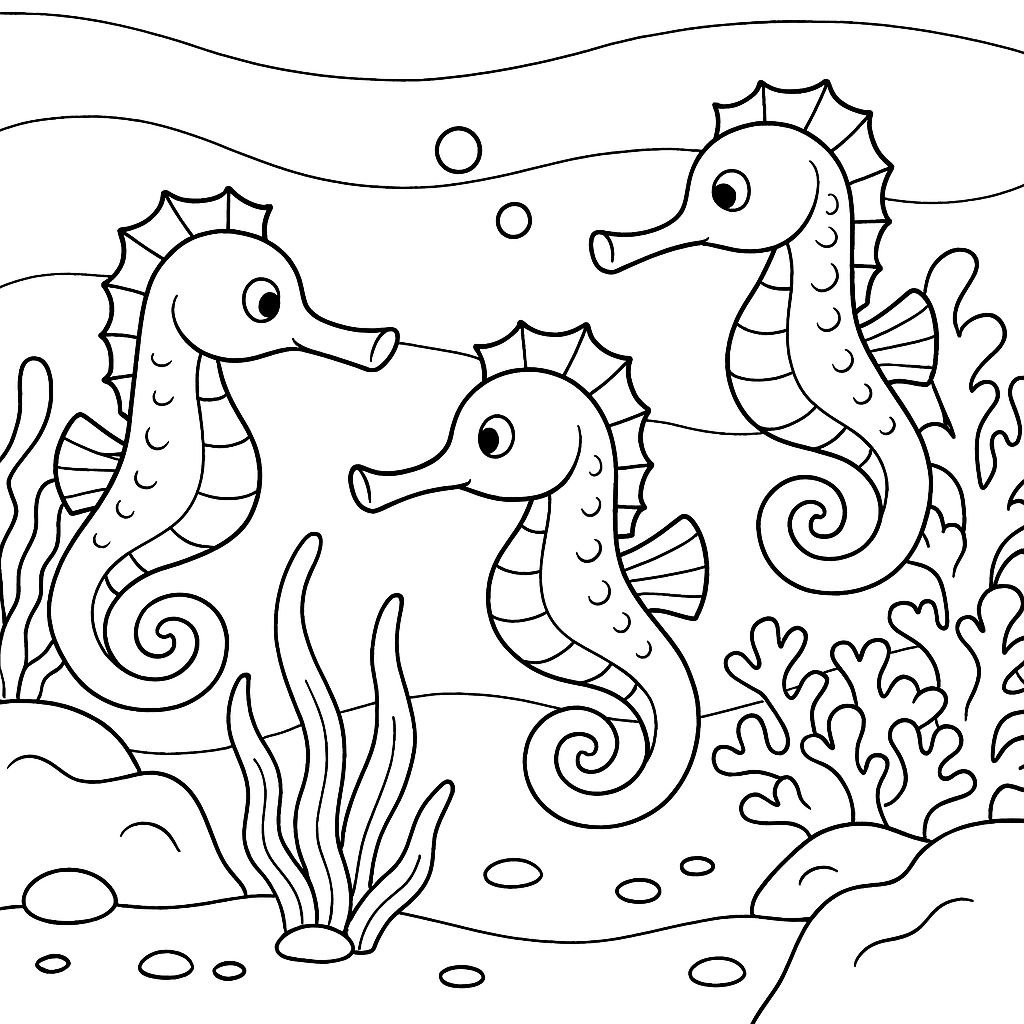 Seahorses having a race amidst coral reefs - Free Coloring Page