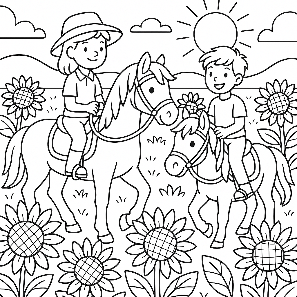 Children riding horses through a sunflower field - Free Coloring Page