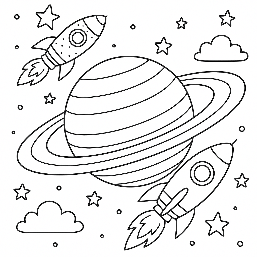 Rockets racing through the rings of Saturn - Free Coloring Page
