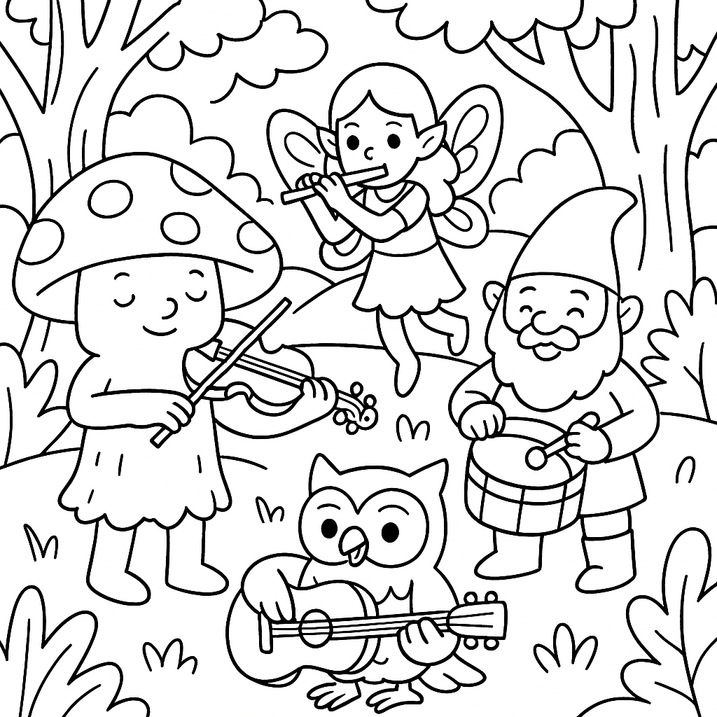 Enchanted forest creatures playing musical instruments - Free Coloring Page