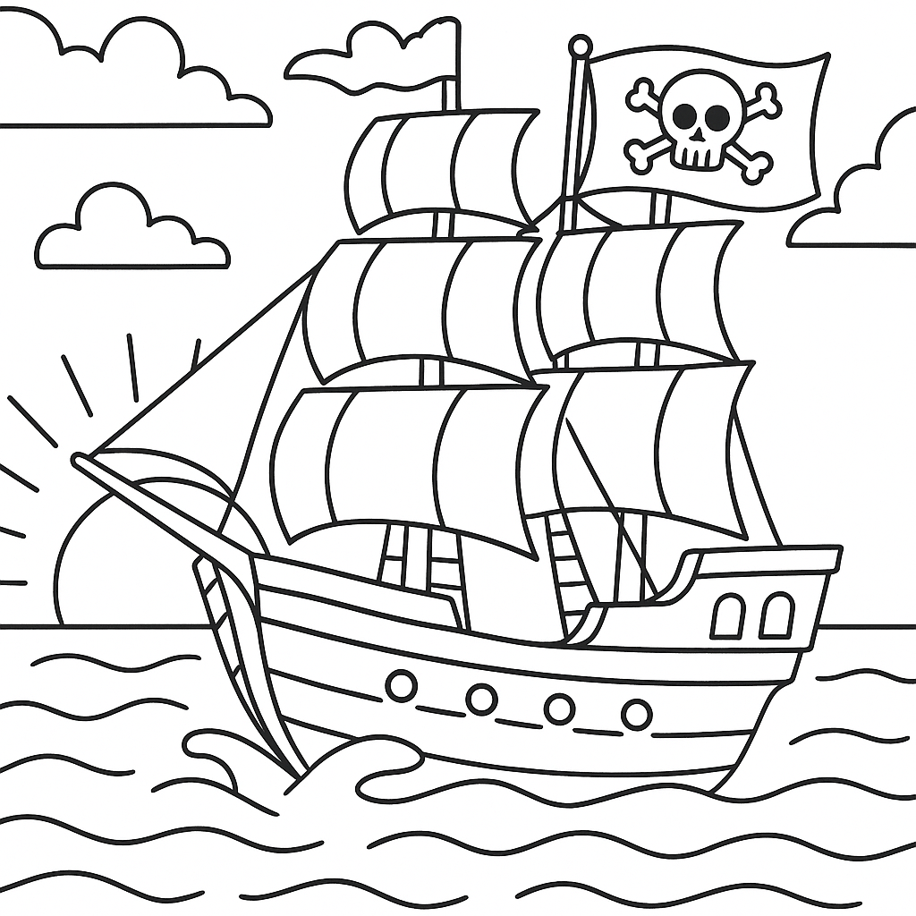Pirate ship sailing through a colorful sunset - Free Coloring Page