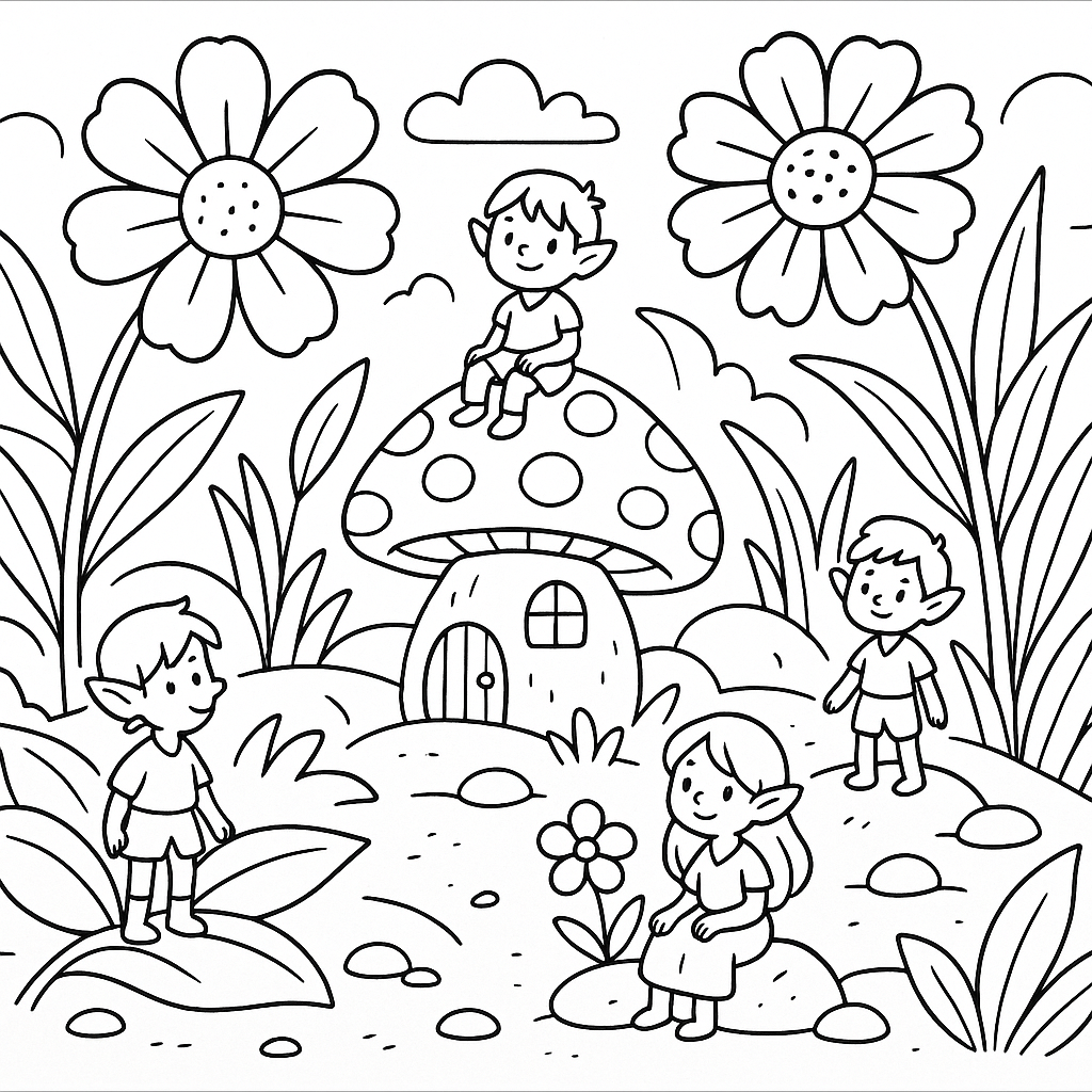 Miniature world with tiny creatures and giant flowers - Free Coloring Page