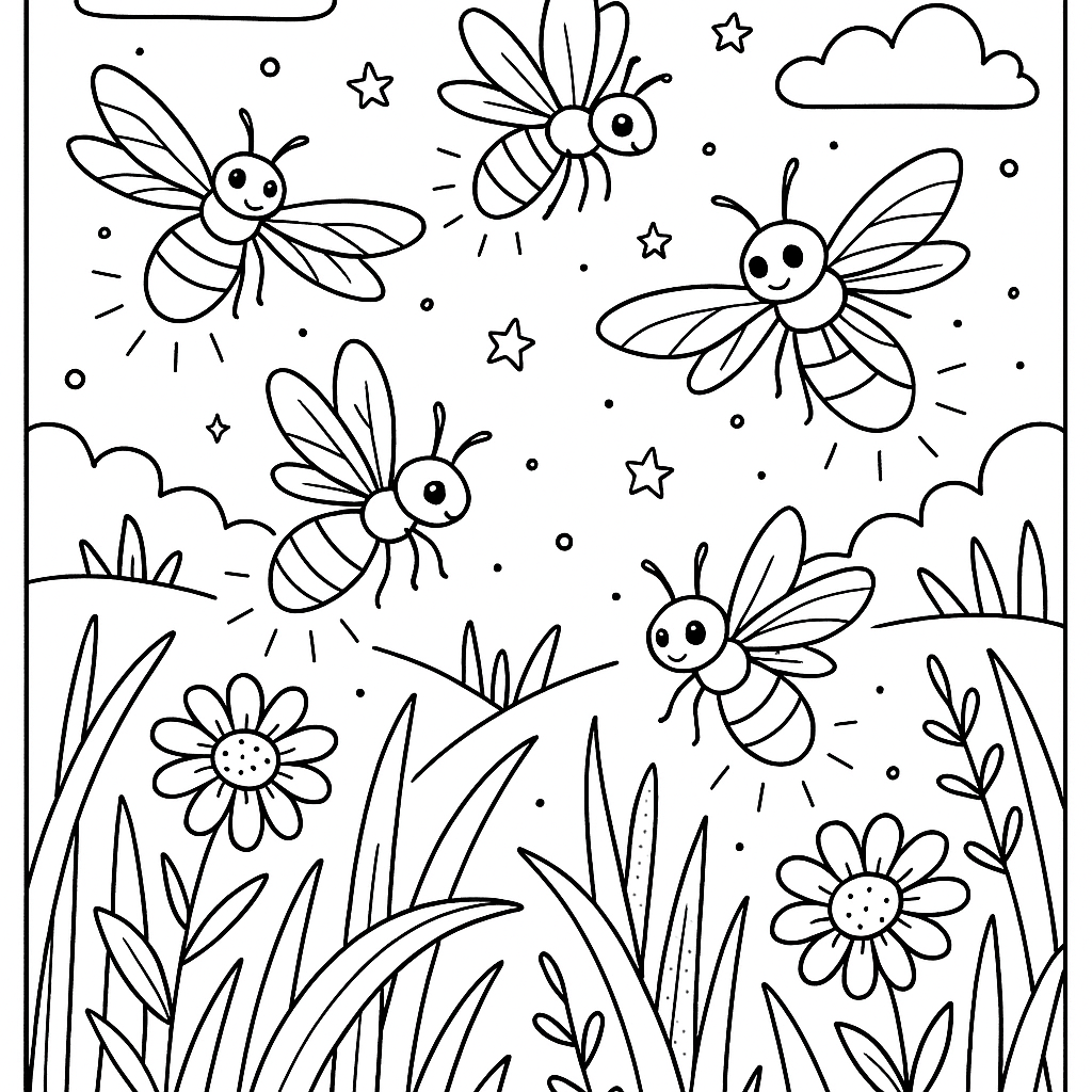 Fireflies illuminating a summer night meadow - Free Coloring Page