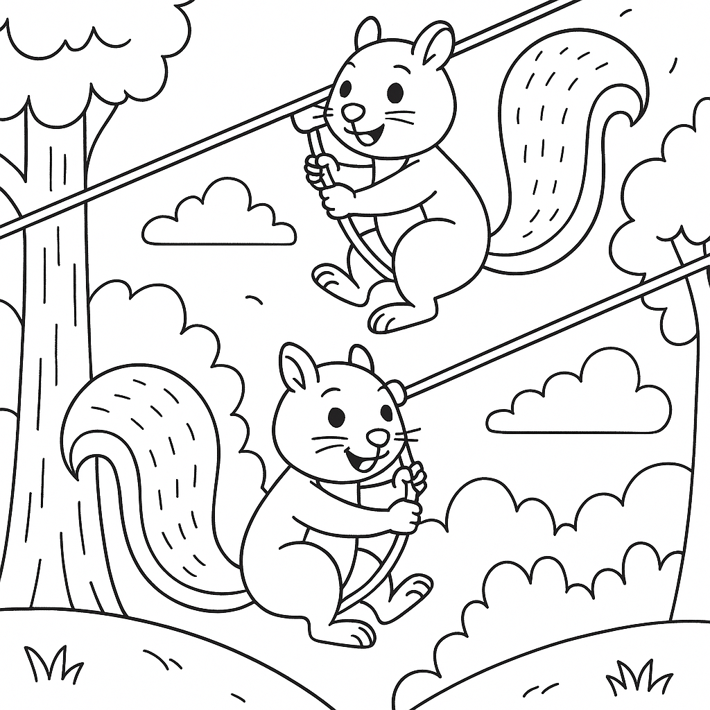 Squirrels zip-lining through the treetops - Free Coloring Page