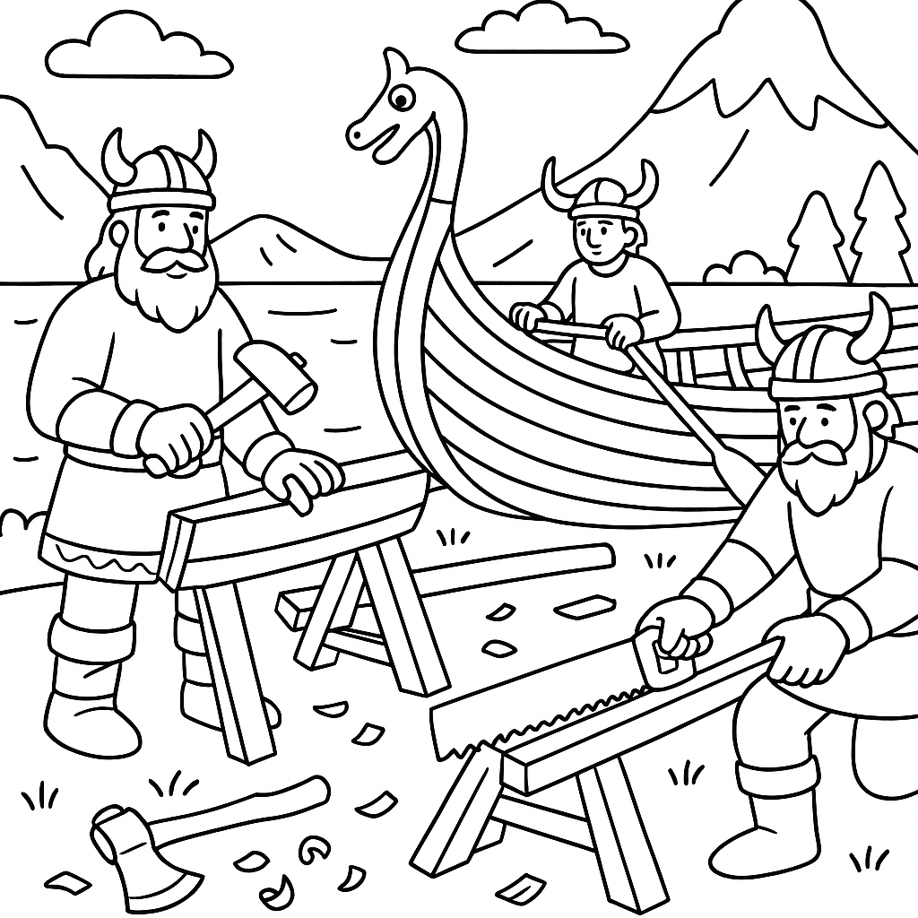 Vikings crafting wooden ships by the fjord - Free Coloring Page