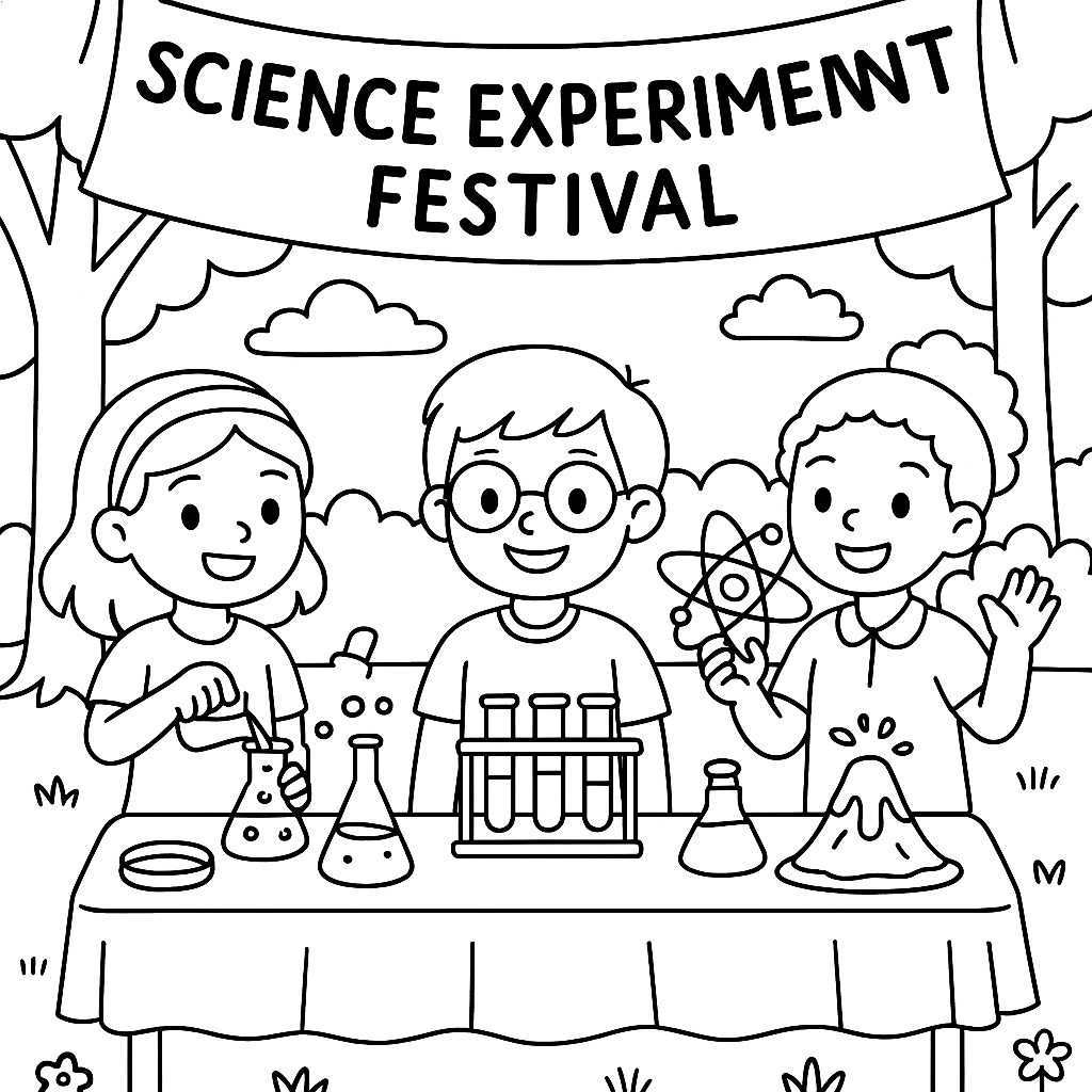 Kids hosting an outdoor science experiment festival - Free Coloring Page