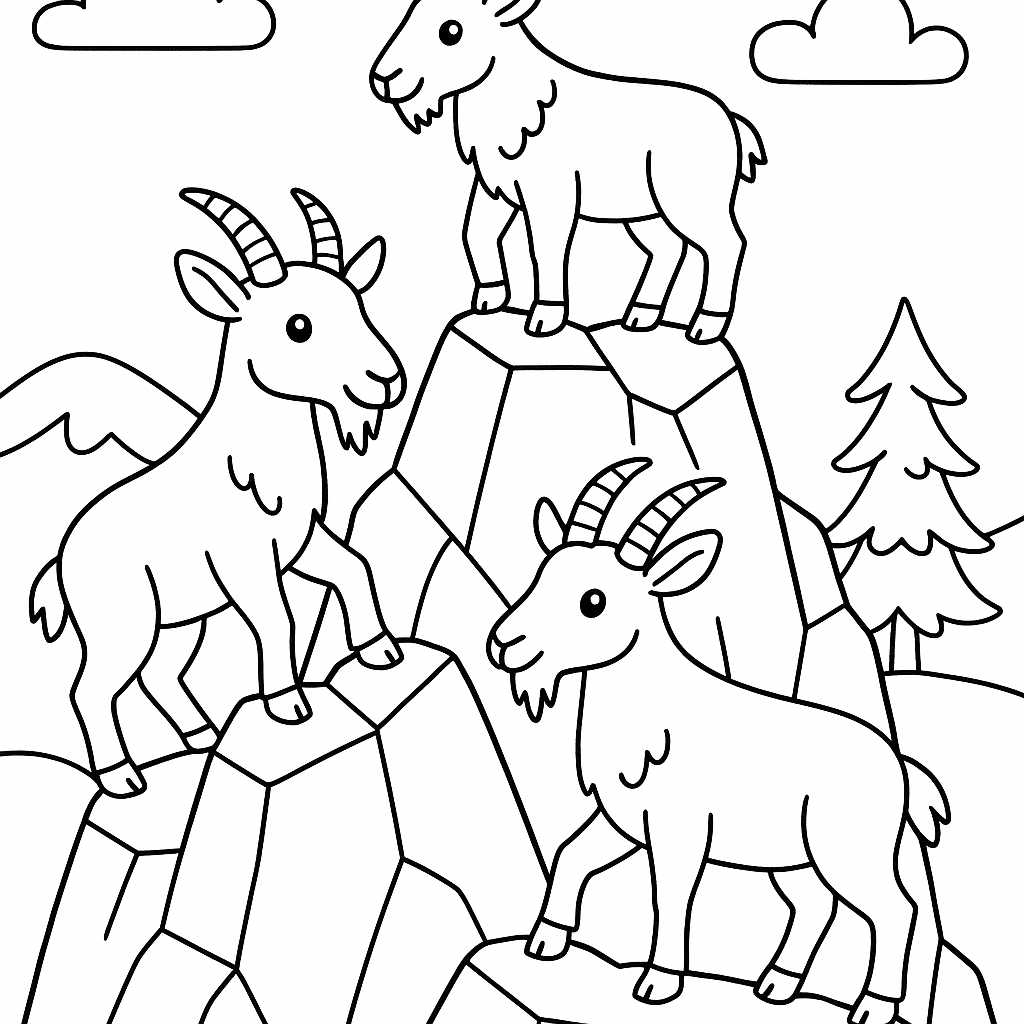 Mountain goats climbing a rocky peak - Free Coloring Page