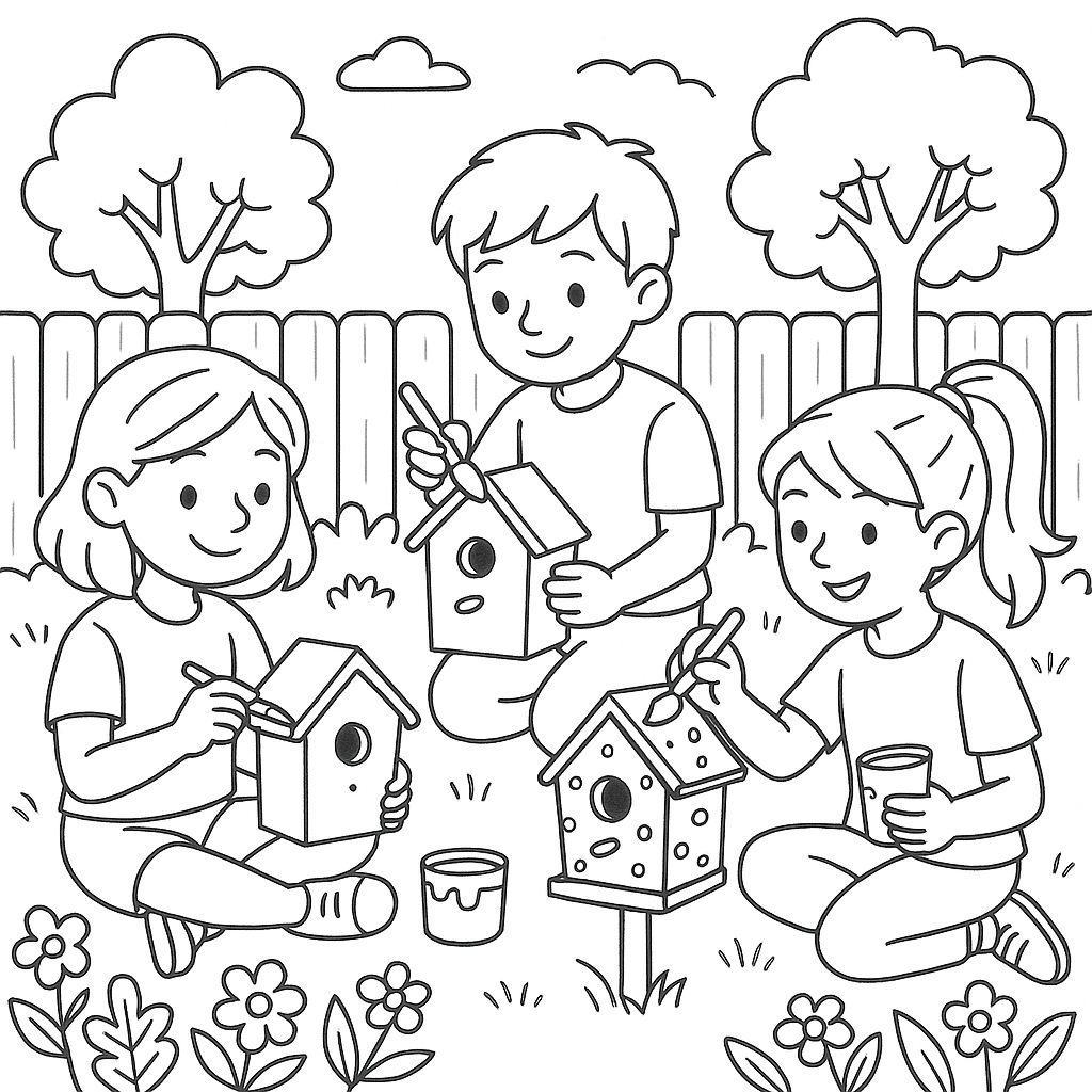 Children painting birdhouses in a garden - Free Coloring Page