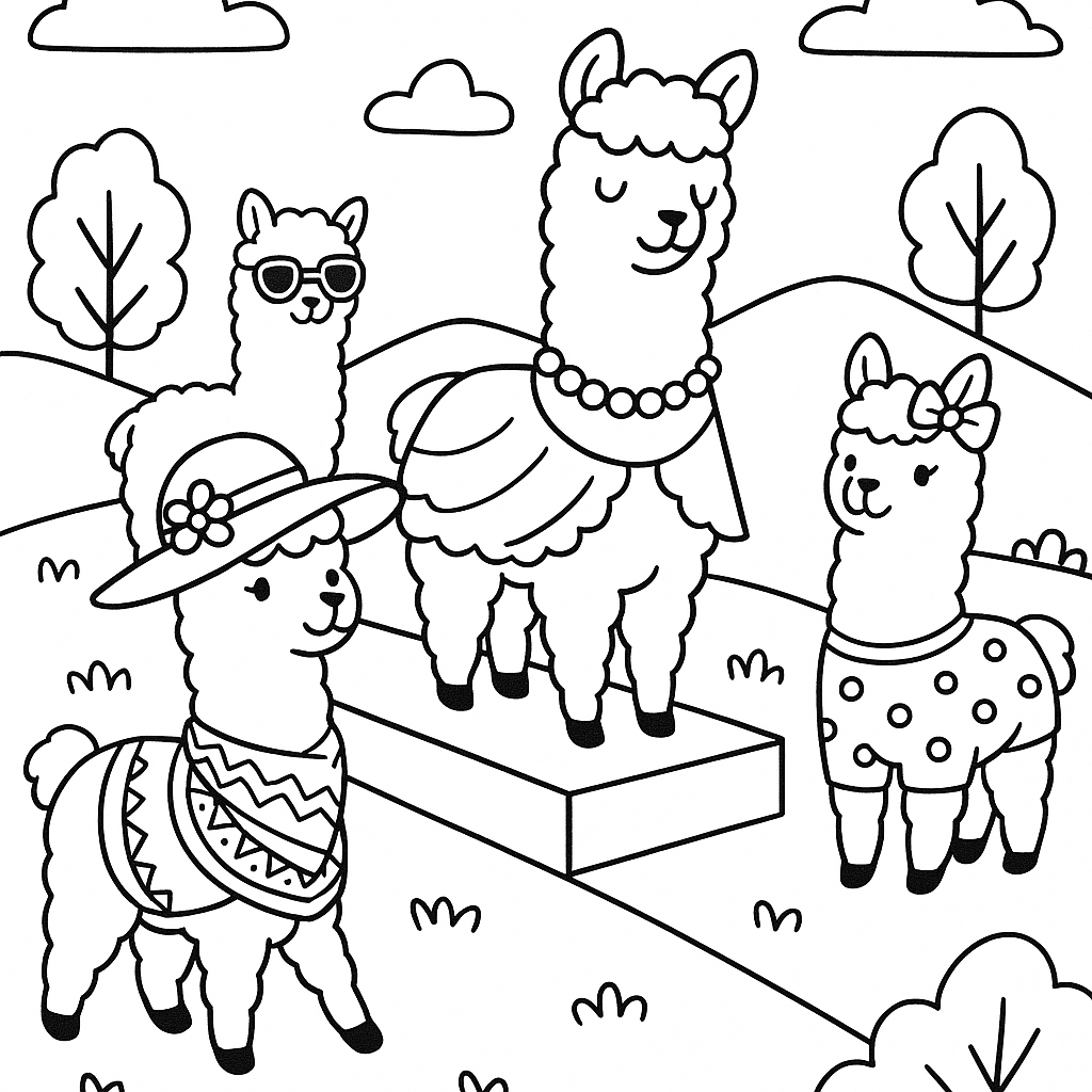 Alpacas having a fashion show on a hillside - Free Coloring Page