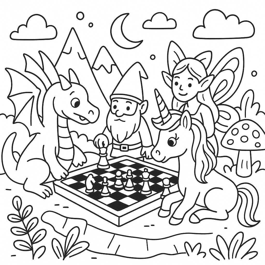 Fantasy creatures playing chess in a mystical realm - Free Coloring Page