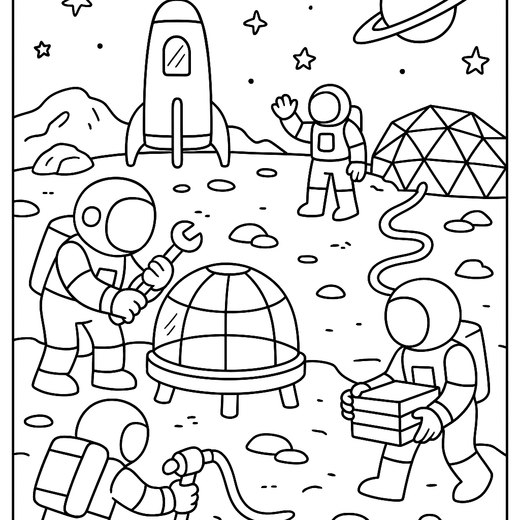 Astronauts building a space colony on an asteroid - Free Coloring Page