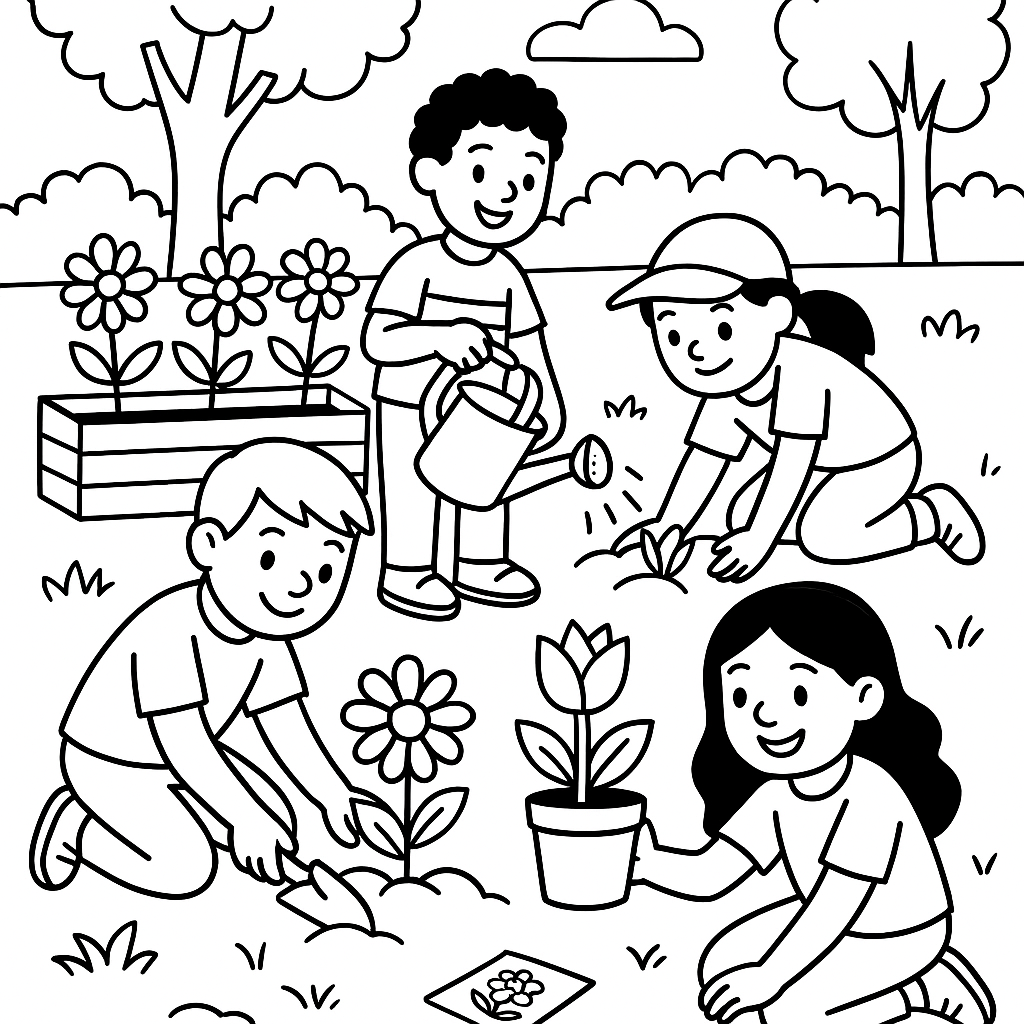 Children planting flowers in a community garden - Free Coloring Page