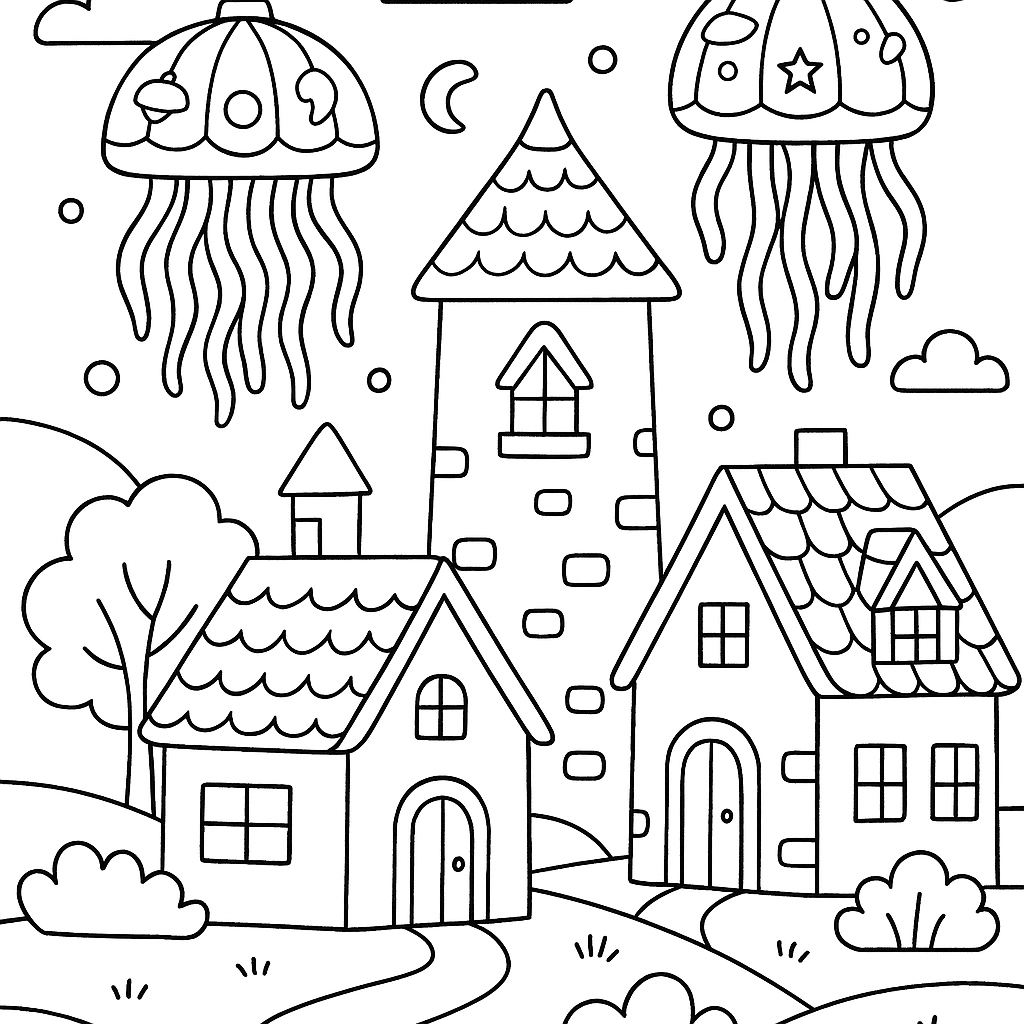 Fantasy village with flying jellyfish lanterns - Free Coloring Page