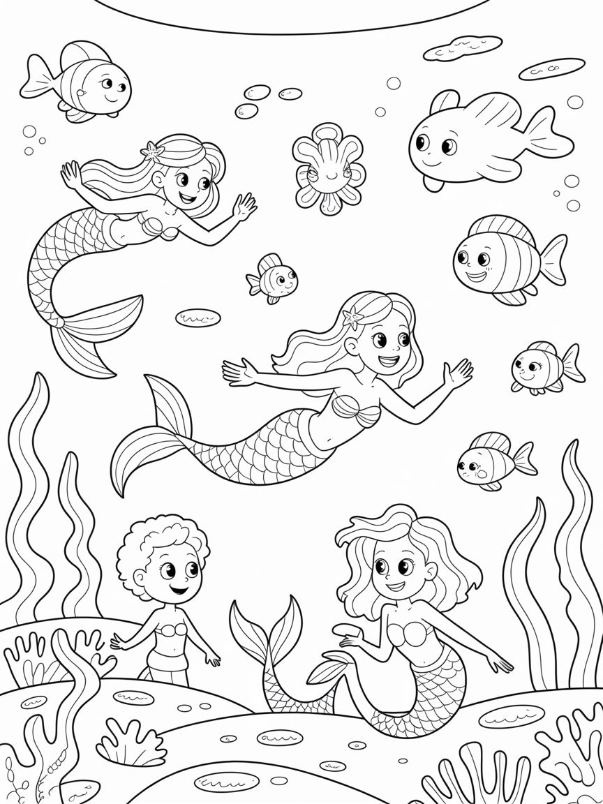 Swimming mermaids surrounded by friendly sea creatures in an underwater kingdom - Free Coloring Page