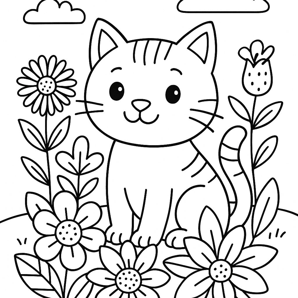 Cat In Flowers - Coloring Page - Free Coloring Page