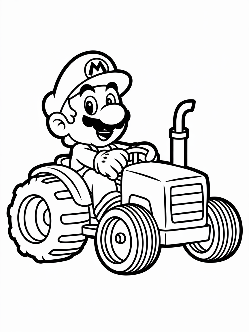 Mario driving a tractor - Free Coloring Page