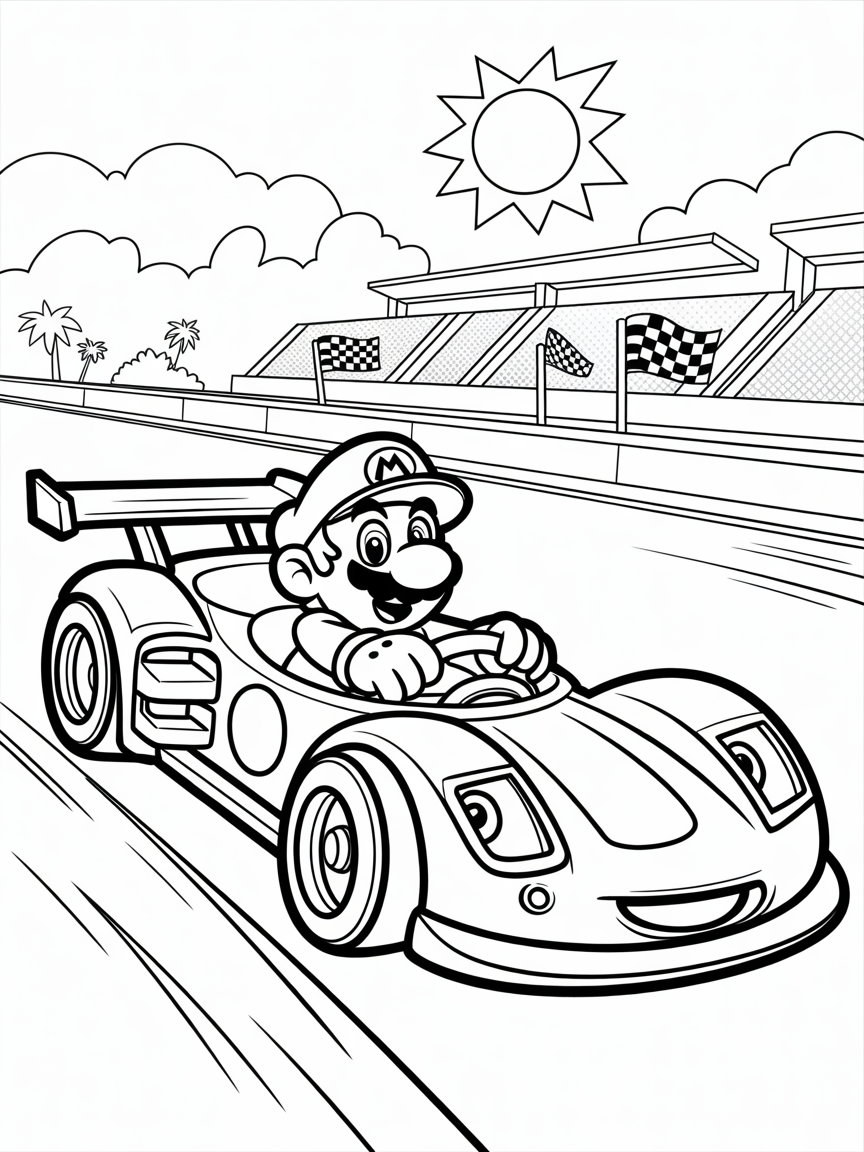 Mario driving a racecar - Free Coloring Page