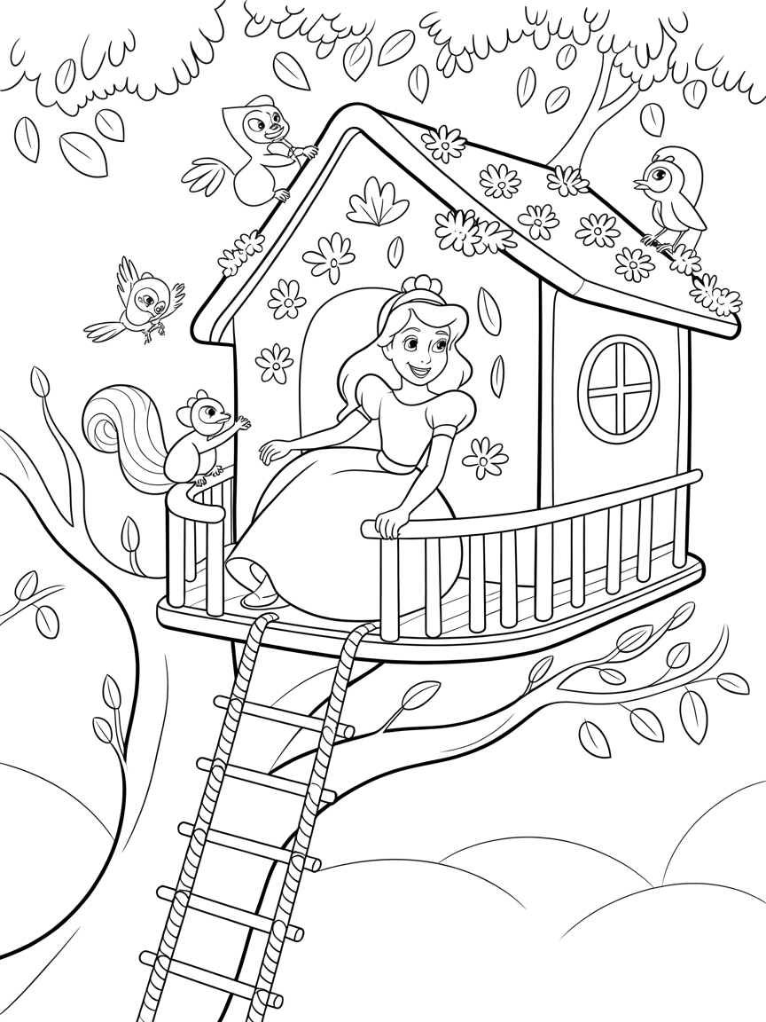 Disney Princess in a treehouse - Free Coloring Page