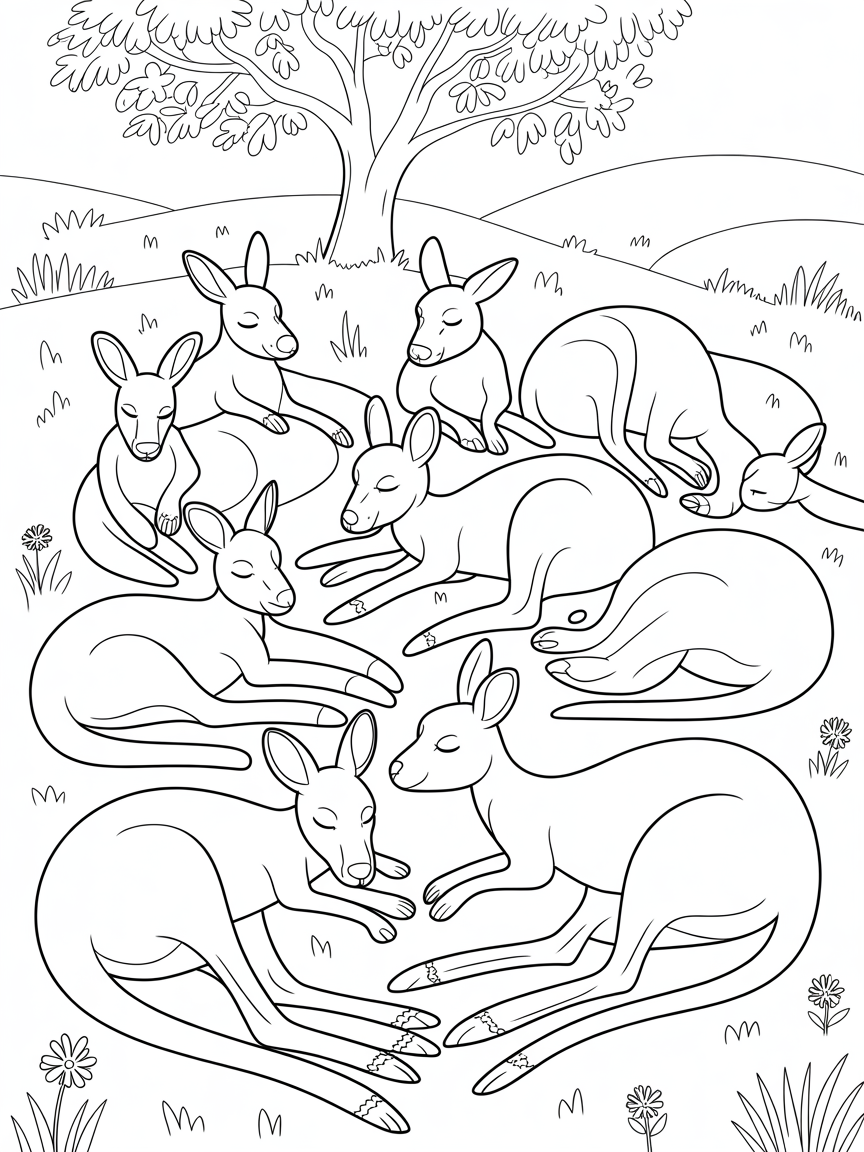 Sleepy Kangaroos - Free Coloring Page
