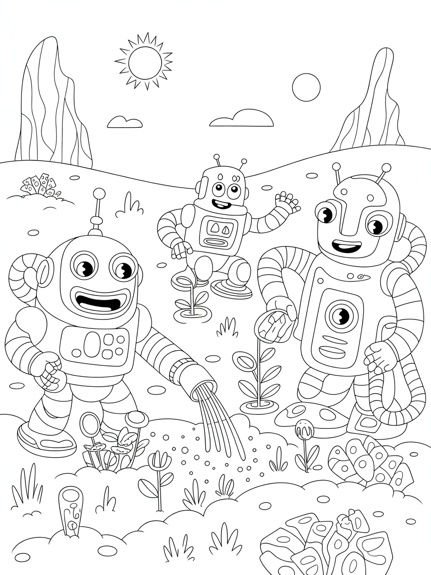 Friendly robots gardening on a distant planet - Free Coloring Page