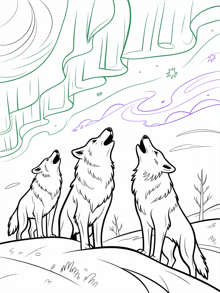 Wolves howling at the northern lights - Free Coloring Page