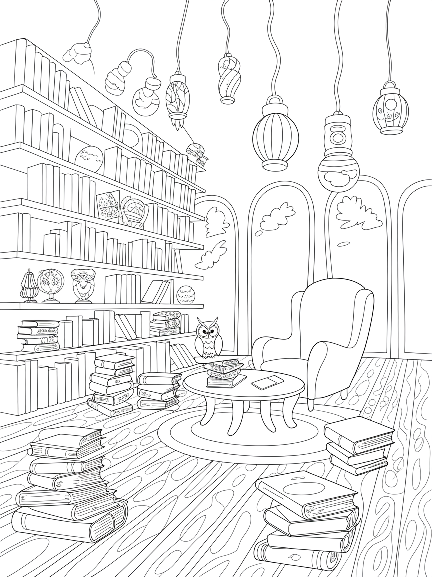 Fairy tale library with glowing bookshelves - Free Coloring Page