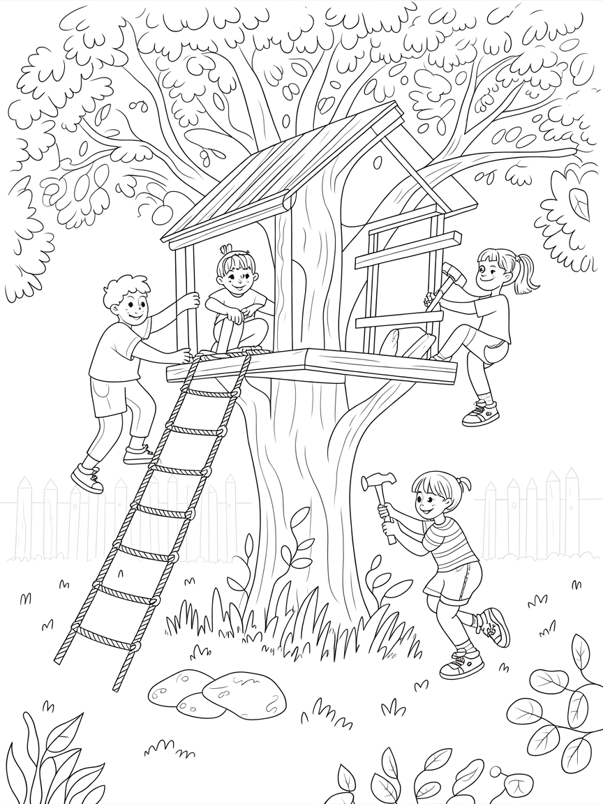 Children building a treehouse in the backyard - Free Coloring Page