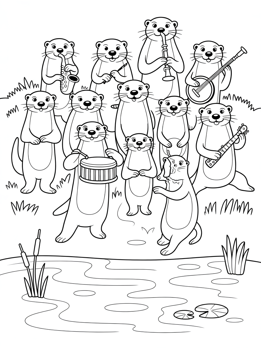 Musical band of river otters with instruments - Free Coloring Page