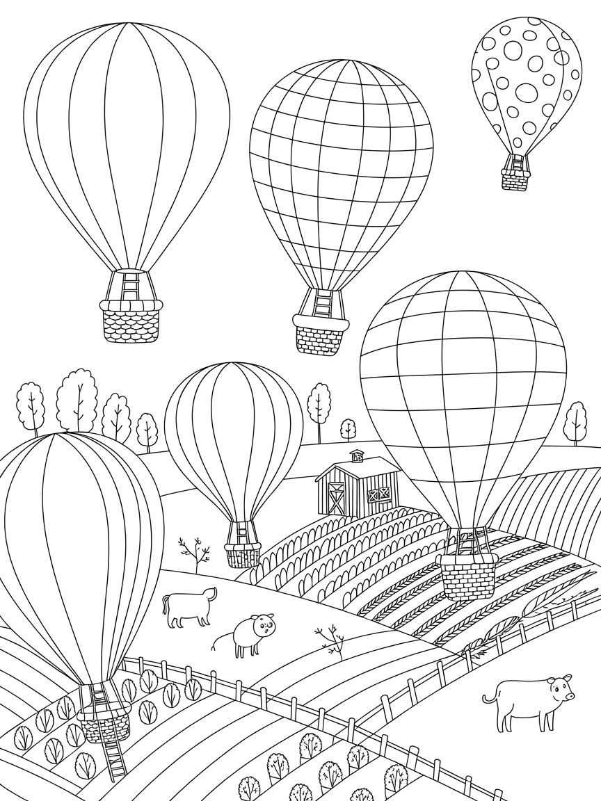 Hot air balloons floating over a patchwork farm - Free Coloring Page
