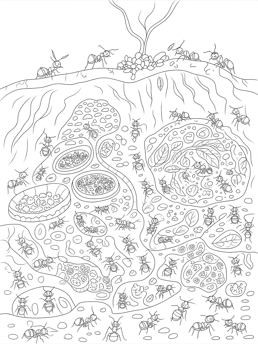 Busy ants building a city underground - Free Coloring Page