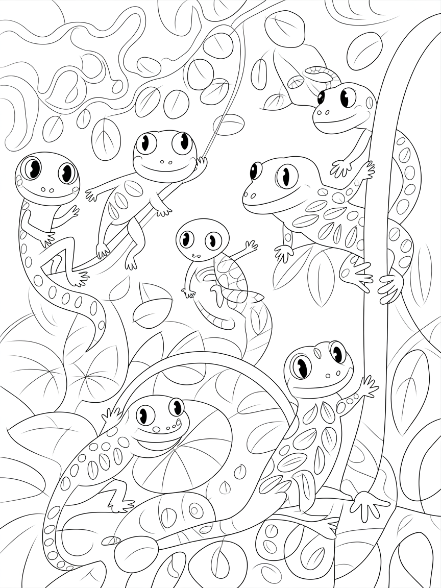 Geckos exploring a lush rainforest canopy - Free Coloring Page