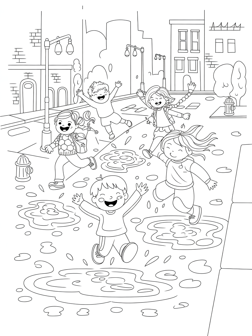 Children jumping over puddles in a rainy city - Free Coloring Page