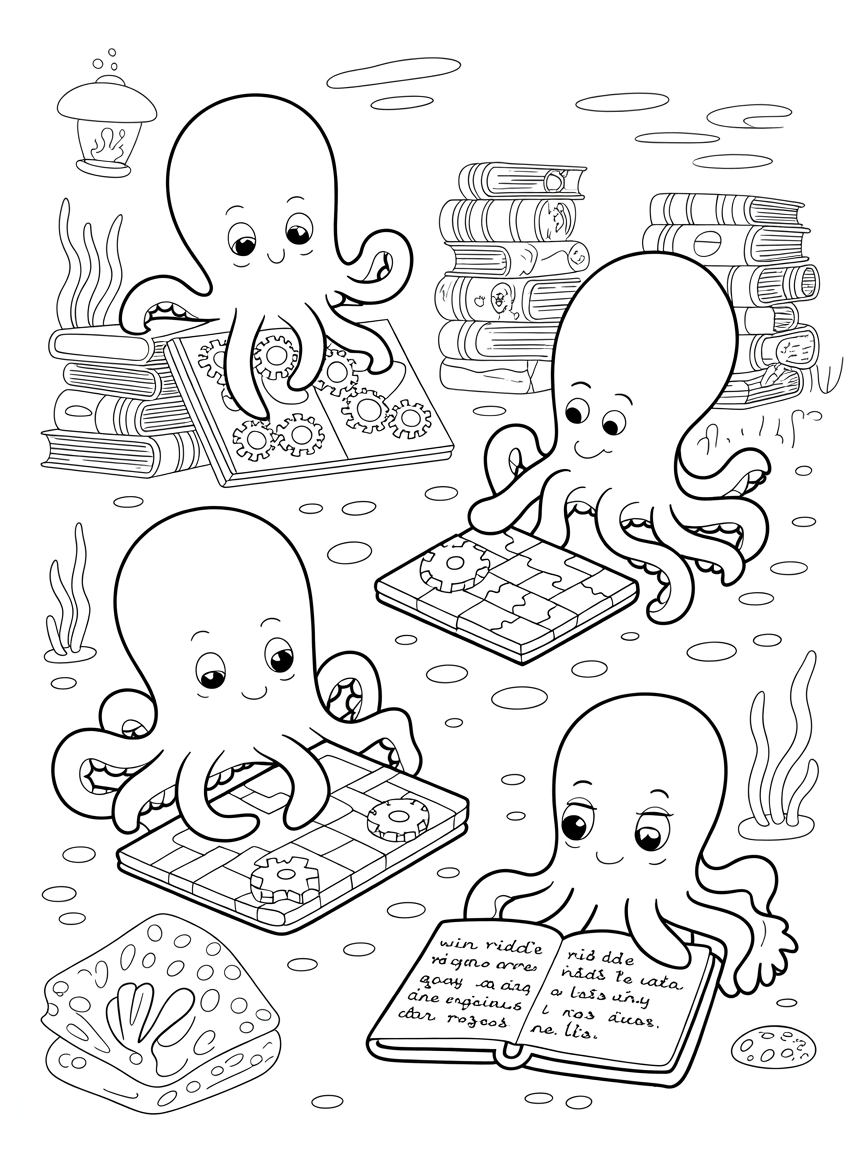 Octopuses solving puzzles in an underwater library - Free Coloring Page