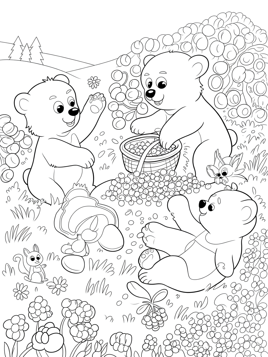 Mountain bears hosting a berry-picking contest - Free Coloring Page