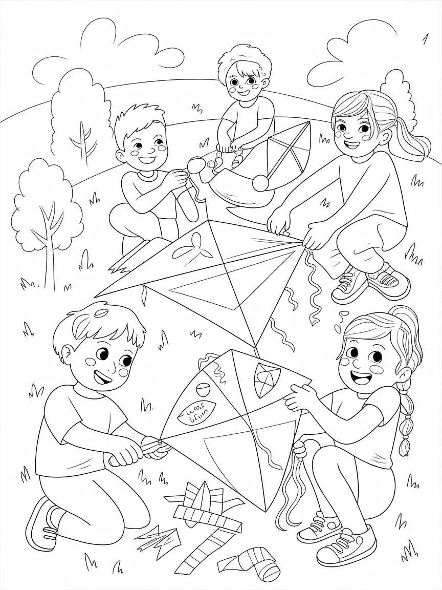 Kids building kites for a colorful kite festival - Free Coloring Page