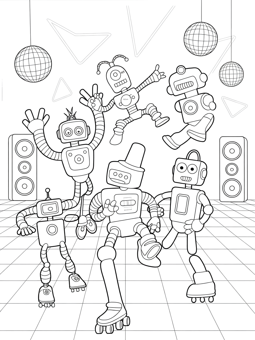 Robots having a dance-off in a futuristic disco - Free Coloring Page