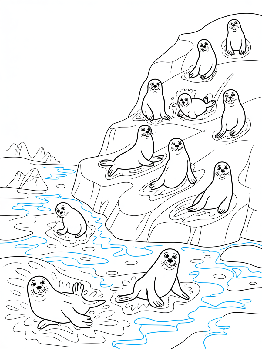 Seals sliding down icy slopes into the sea - Free Coloring Page