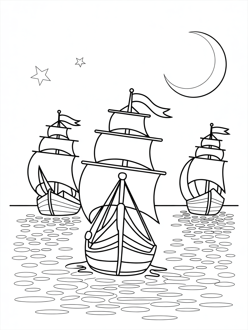 Sailing ships in a sparkling moonlit sea - Free Coloring Page
