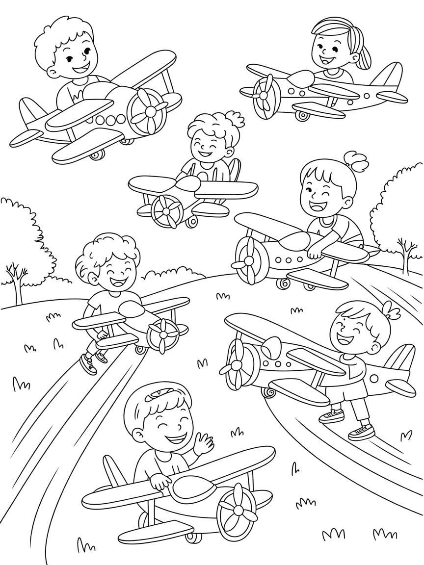 Kids flying model airplanes at a park - Free Coloring Page