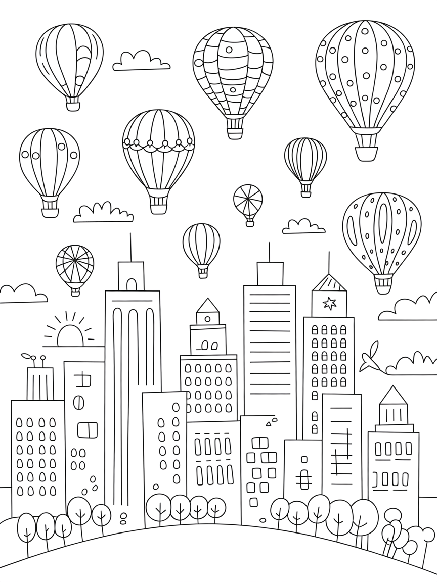 City skyline with hot air balloons at sunrise - Free Coloring Page