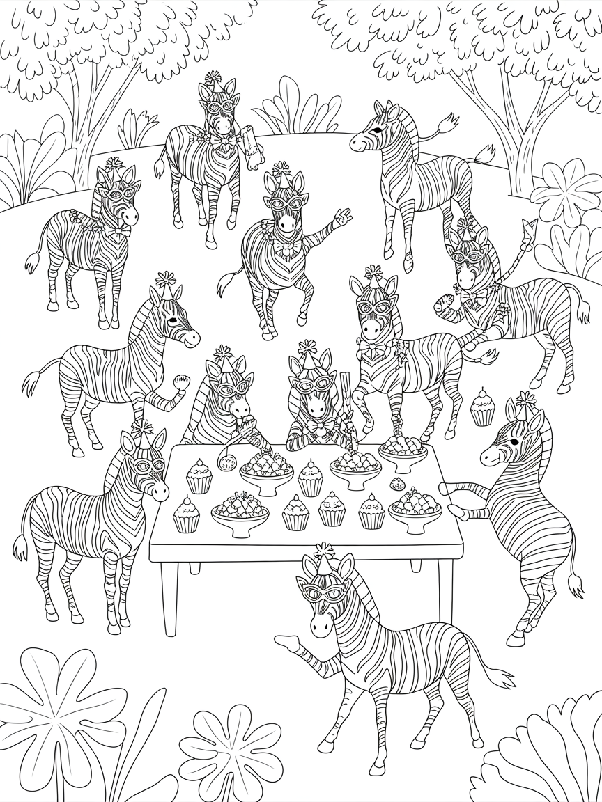 Zebras hosting a black and white masquerade - Free Coloring Page