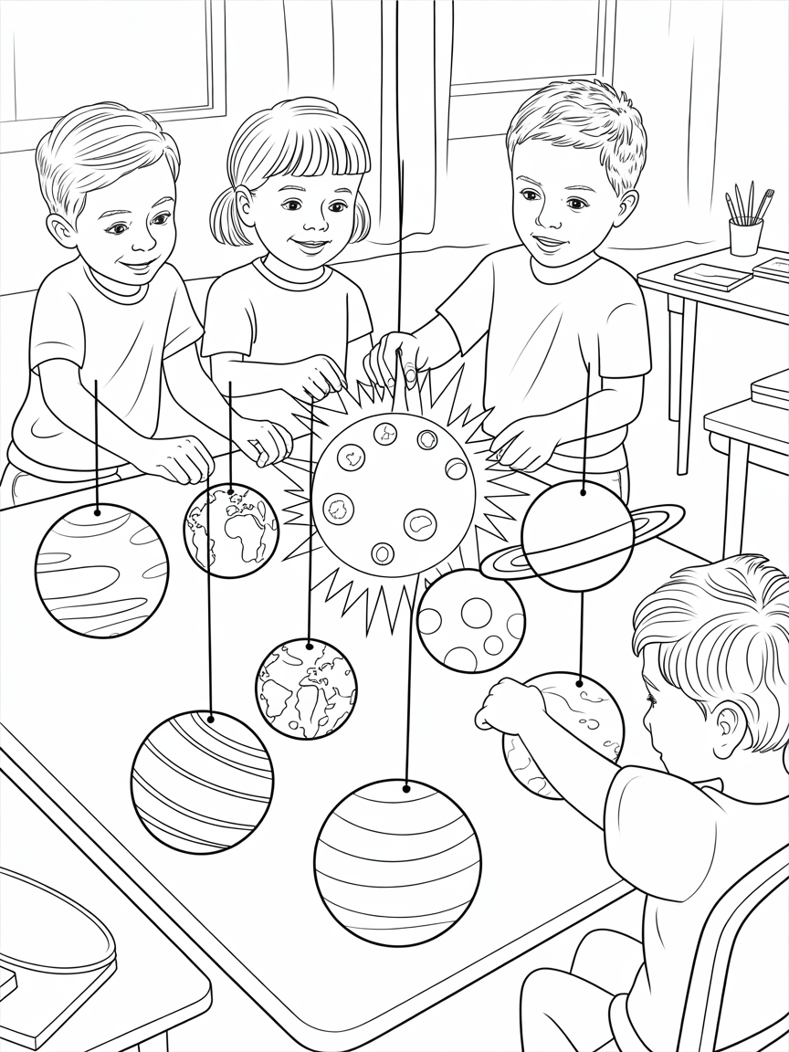 Children building a solar system model in a classroom - Free Coloring Page