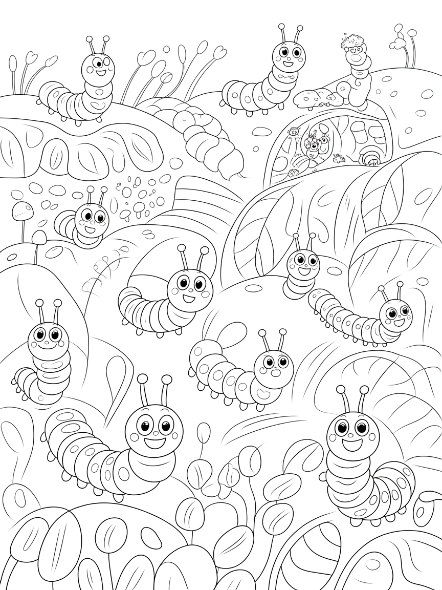 Caterpillars racing in a leafy adventure course - Free Coloring Page