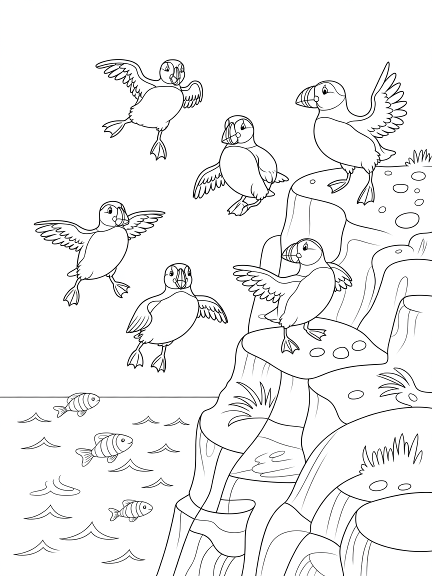 Puffins having a diving competition on a rocky cliff - Free Coloring Page