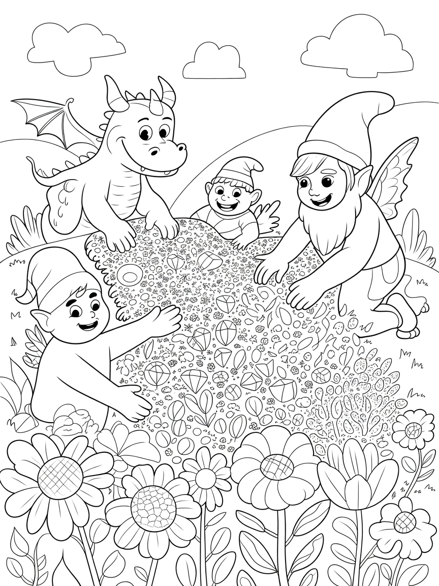 Fantasy creatures planting a rainbow garden - Free Coloring Page