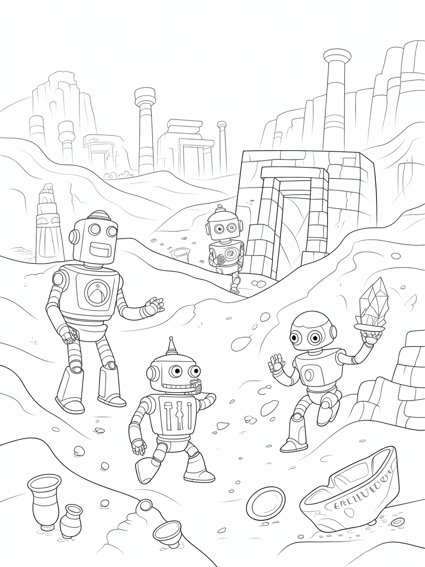 Robots exploring an ancient city in the desert - Free Coloring Page