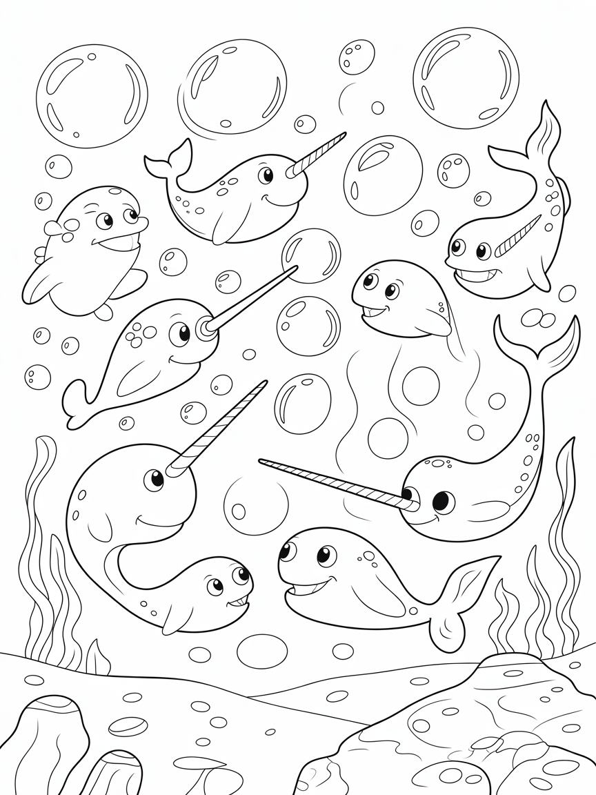 Narwhals having a bubble-blowing contest underwater - Free Coloring Page